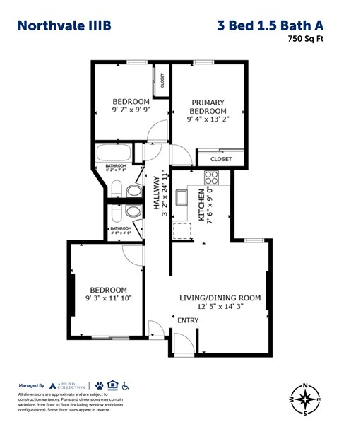 Floor plan for 3 beds, 1.5 baths, 750 sqft